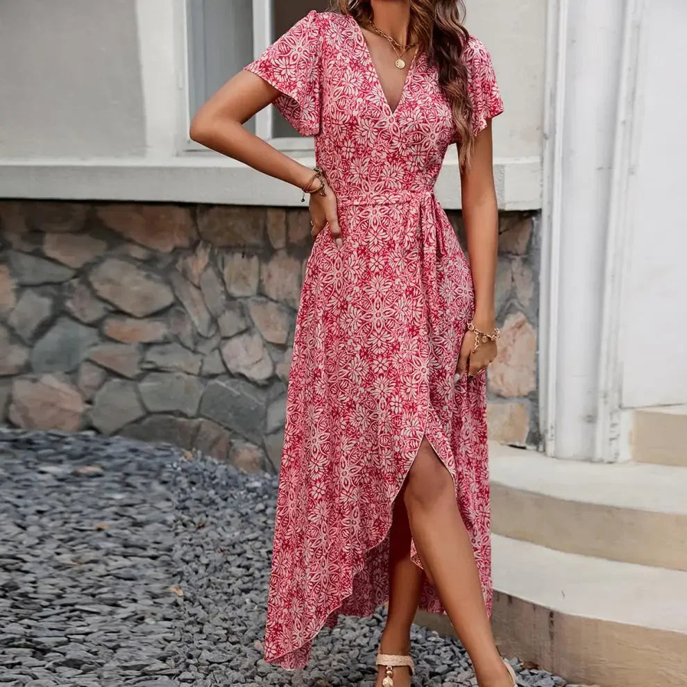 New Summer Women's V-neck Print Short-sleeve One-piece Belted Dress Beach Vacation Style Midi Skirt Regular Waistline