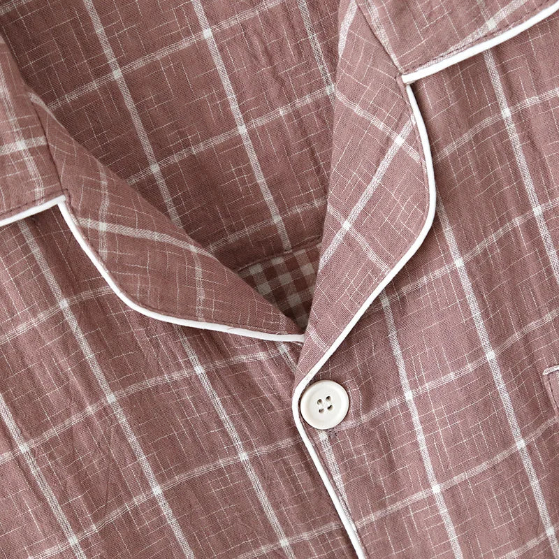 2025 Japanese New Men's Spring/Summer Pajama Set 100% Cotton Plaid Long Sleeve Pants Two Piece Set Large Relaxed Home Furnishing