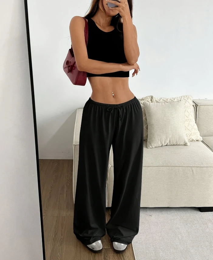 Women's Pants 2024 Spring Fashion Solid Color Low Waisted Casual Elastic Waisted Lace Up Wide Leg Daily Sports Pants