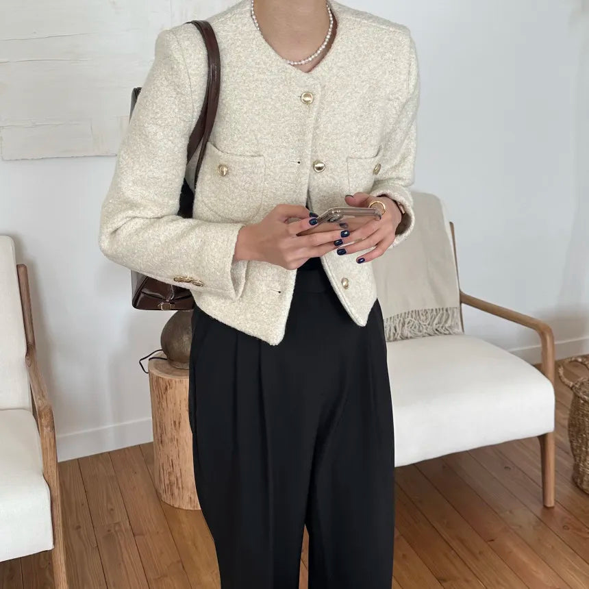 Women Autumn Winter 2025 French Vintage Coat Temperament High Quality Korean Casual Single Breasted Slim Tweed Jackets