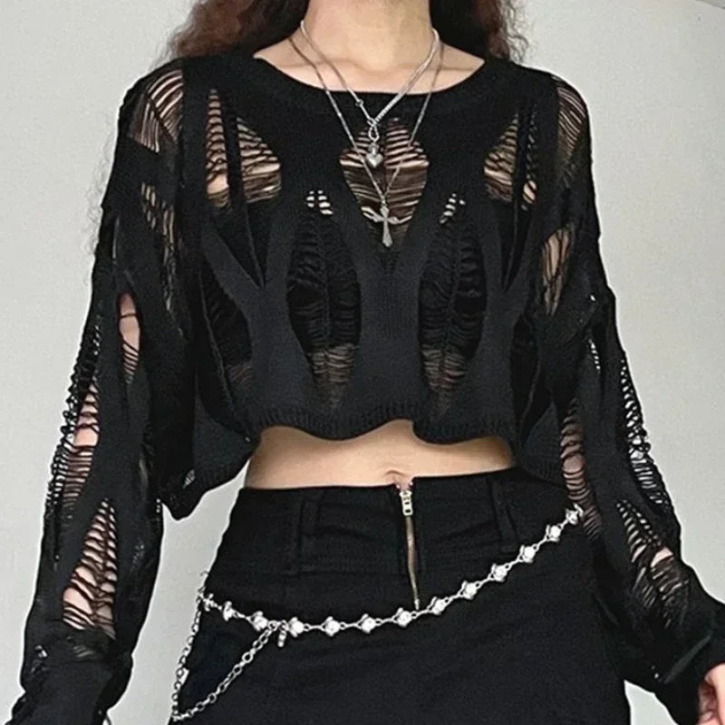 Vintage Hole Ripped Knitted Smock Tops Sexy Fashion Cropped Pullover Hollow Out Spring Autumn Sweater Knitwear Y2k Top Clothes