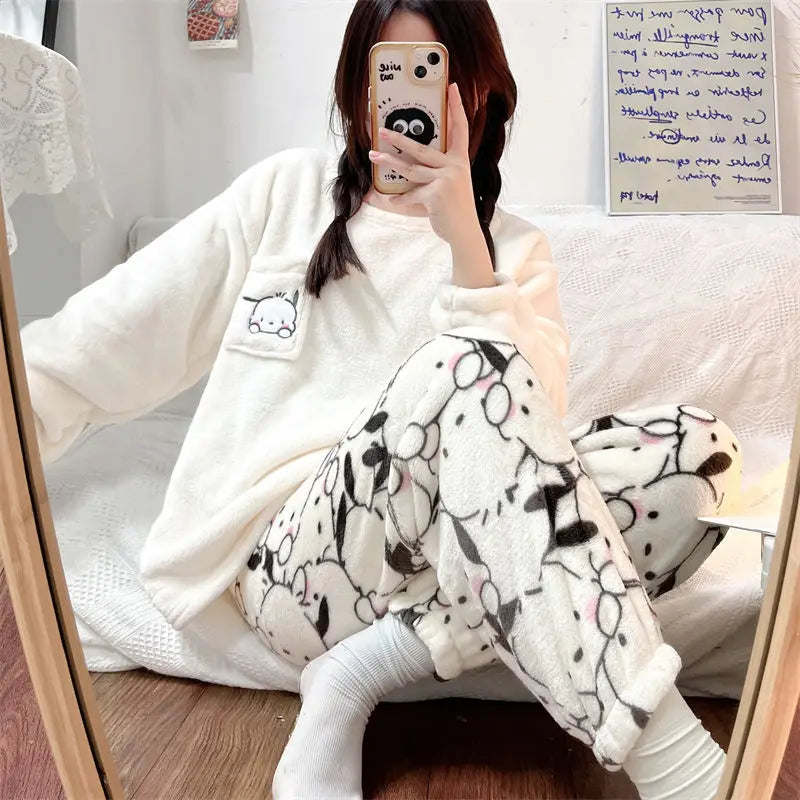 Sanrio Hello Kitty Flannel Pajamas Women Warm Plus Thicken Velvet Cartoon Casual Home Pants in Autumn Winter Fashion Pajamas