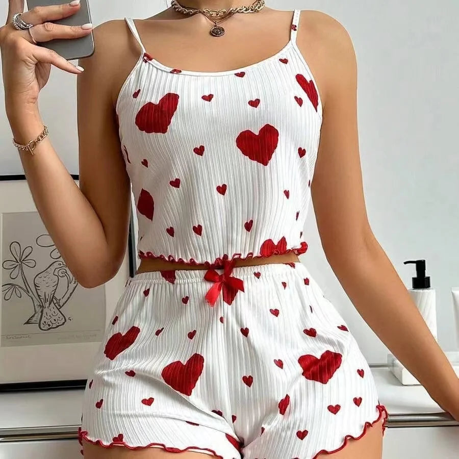 Summer New Women's Pajama Set Breathable Soft Casual Love Printed Design Sweet Home Strap Shorts Pajamas