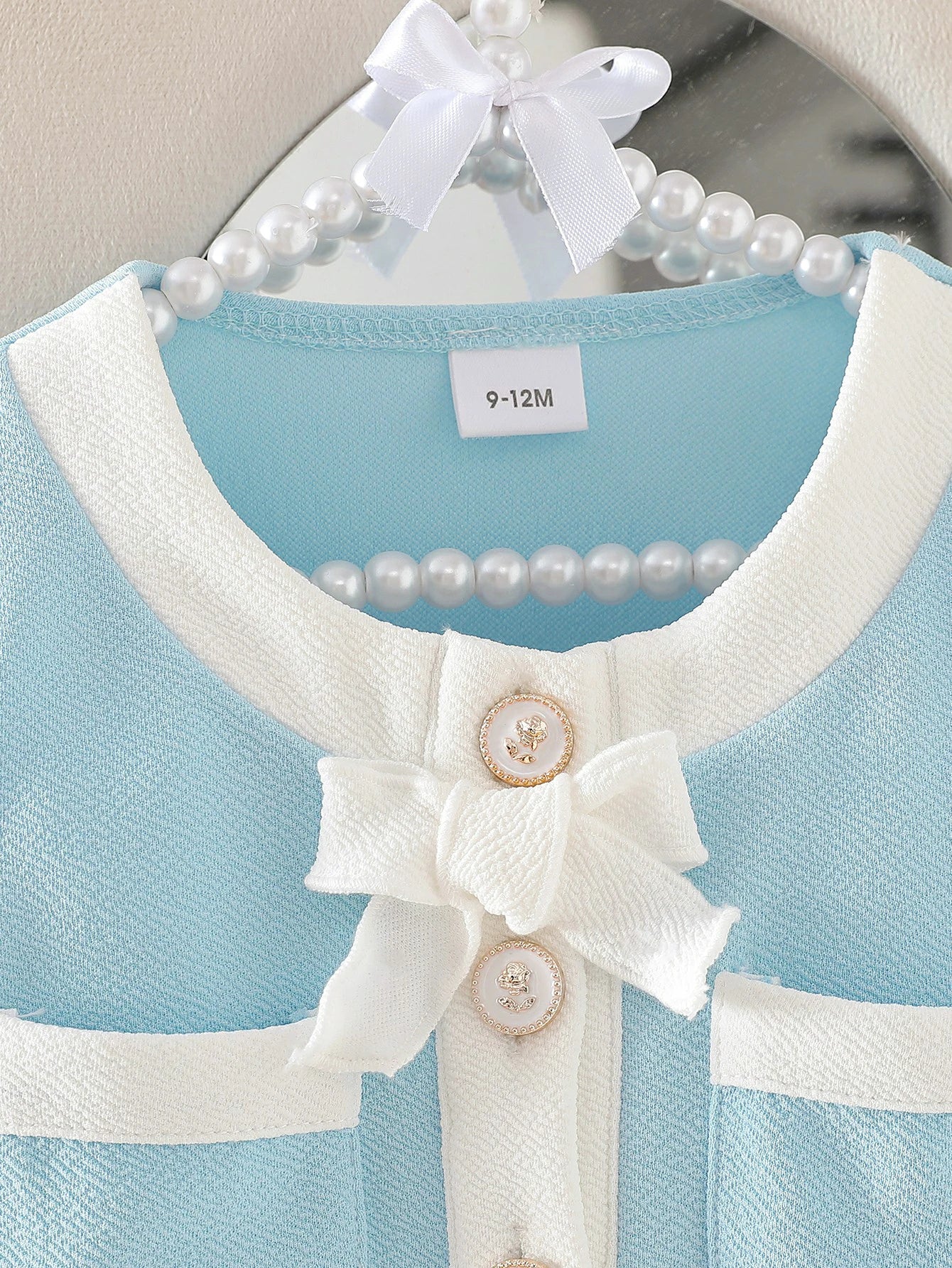 Baby girl autumn elegant style two-piece set, light blue small fragrance butterfly bow top, same color pants