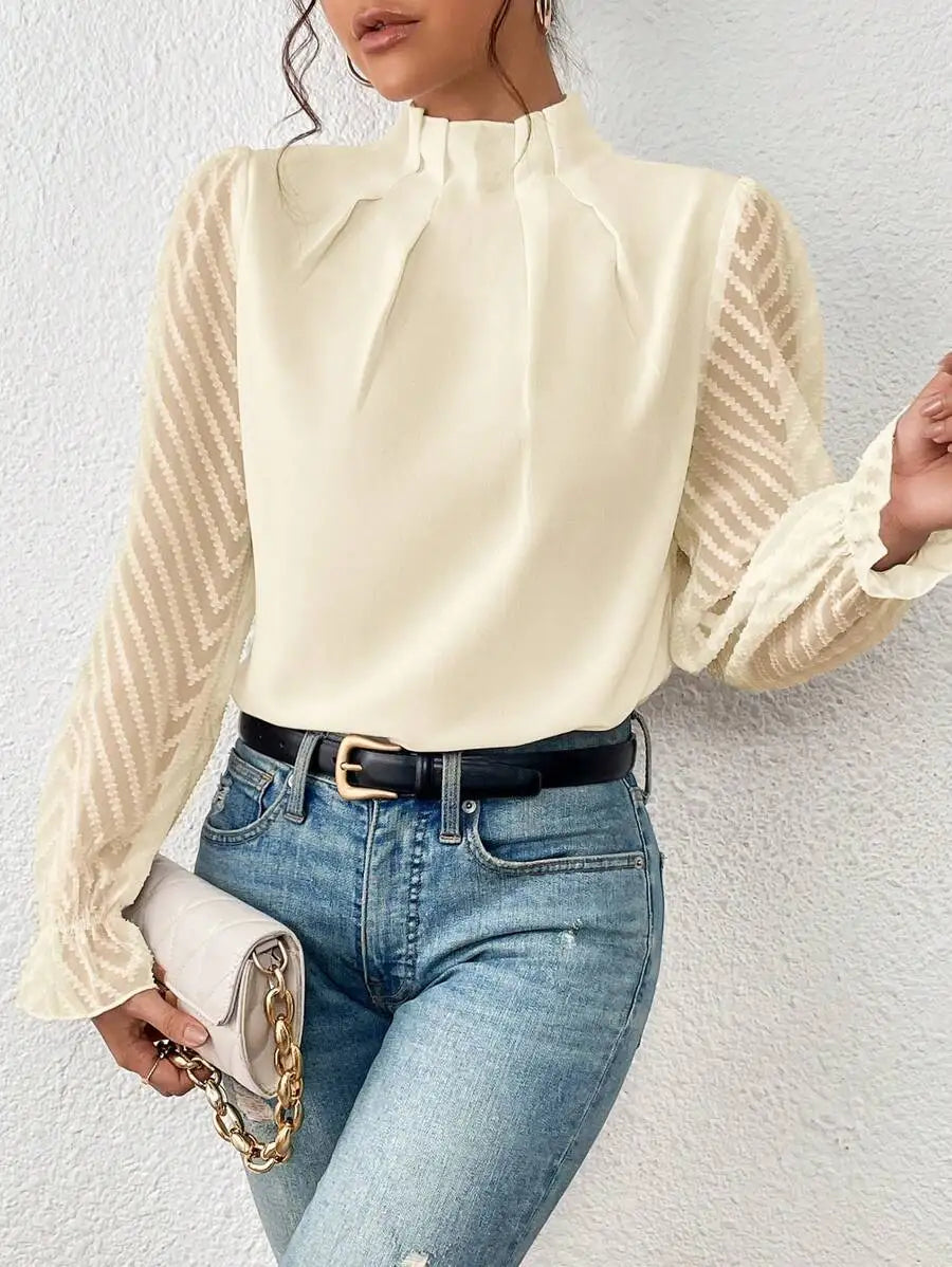 Elegant Women's Shirt Office Lady Blouse 2023 Autumn Half High Collar Panel Wave Chiffon Long Sleeve Top Women's Shirt S-XXL