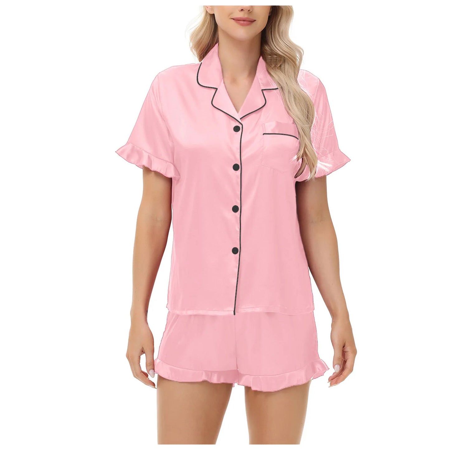 Luxurious Short Sleeve Satin Pajama Women Daily Home Wear Sleepwear Imitation Silk Lounge wear Button-Up Lapel Collar Nightwear