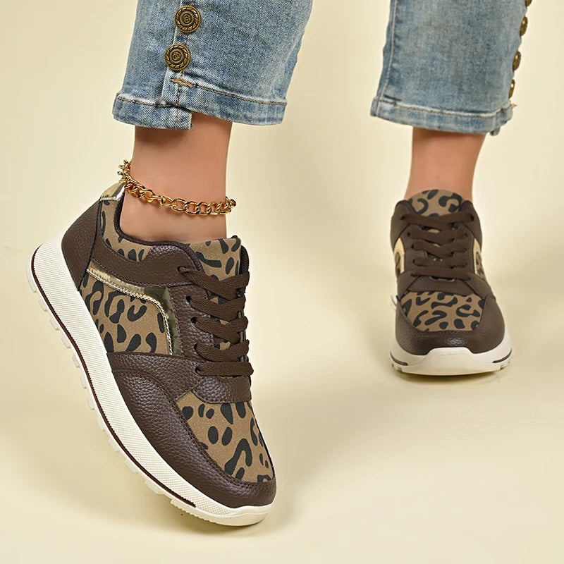 2025 Spring Leopard Print Platform Sneakers Women Black Thick Bottom Vulcanized Shoes Woman Cozy Lace Up Wedge Sport Shoes Woman