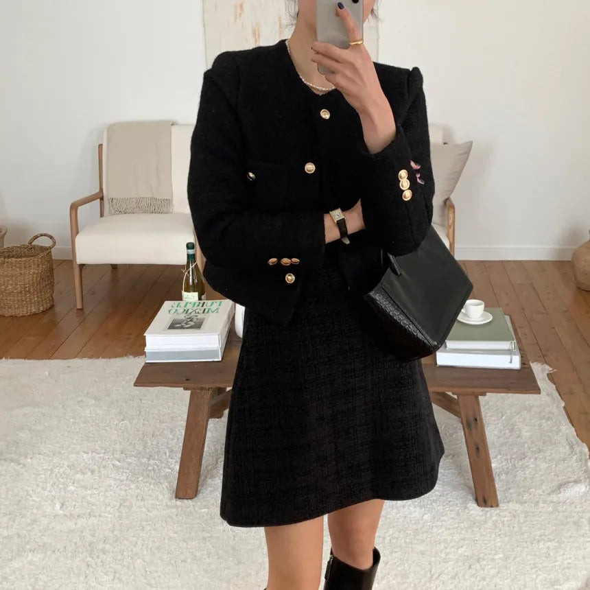 Women Autumn Winter 2025 French Vintage Coat Temperament High Quality Korean Casual Single Breasted Slim Tweed Jackets