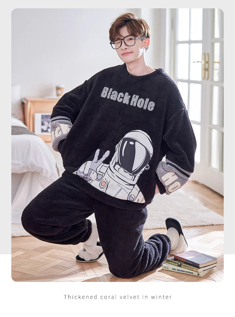 Winter Korean Men Pajamas Sets Adult Sleepwear Home Clothes Thicken Soft Pijama Suit Loungewear Loose Bear Male Pyjama Clothing