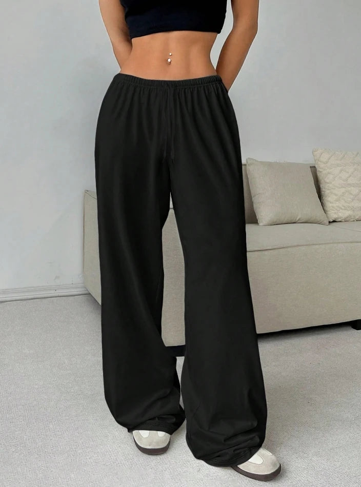 Women's Pants 2024 Spring Fashion Solid Color Low Waisted Casual Elastic Waisted Lace Up Wide Leg Daily Sports Pants