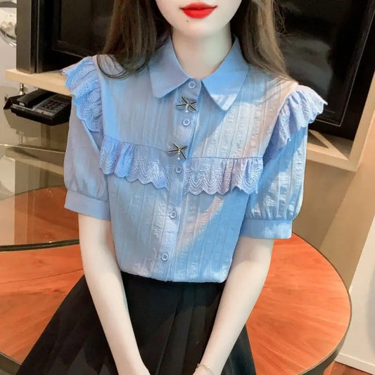Summer Dress Women's Shirt T-Shirt New Women's Shirt Cotton Shirt Women's Foreign Design Sense Niche Short Sleeve Lace Top