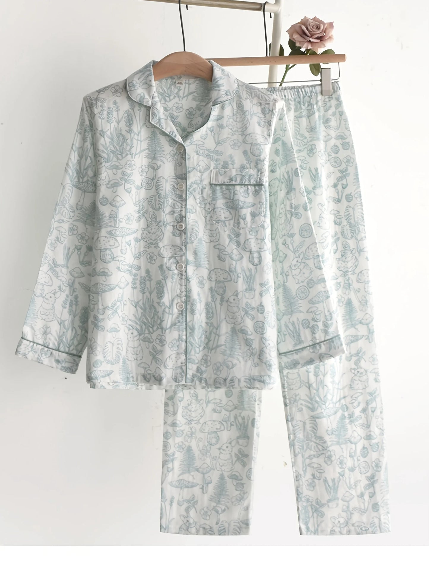 Womens Pajama Set 100 Cotton Gauze Sleepwear Long Sleeve Loose Fit Two Piece Set Comfortable Breathable Nightwear Loungewear