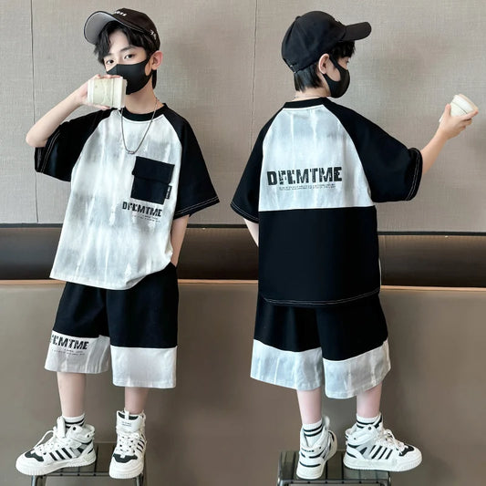 Boys Clothes Sets With Front Pocket 2025 Summer New Tshirts + Shorts Children's Clothes High Quality Kids Boy Sport Suits 5-14T