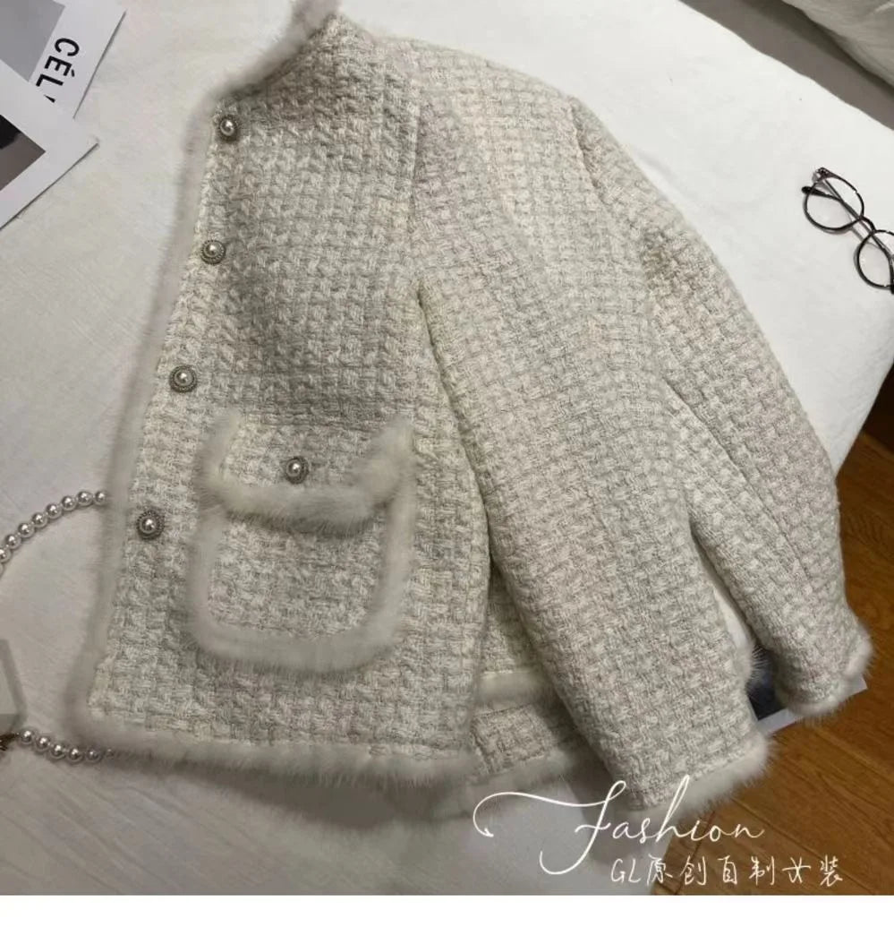 Women Coats Round Neck Full Sleeve Lamb Wool Jackets Single Breasted Slim Fit Thick Coat Open Stitch Elegant Outerwear 2024