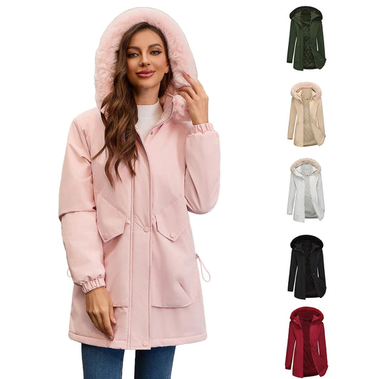 Cotton Coat Women 2025 Winter Mid-length Parka Plus Velvet Korean Style Large Fur Collar Plus Velvet Coat