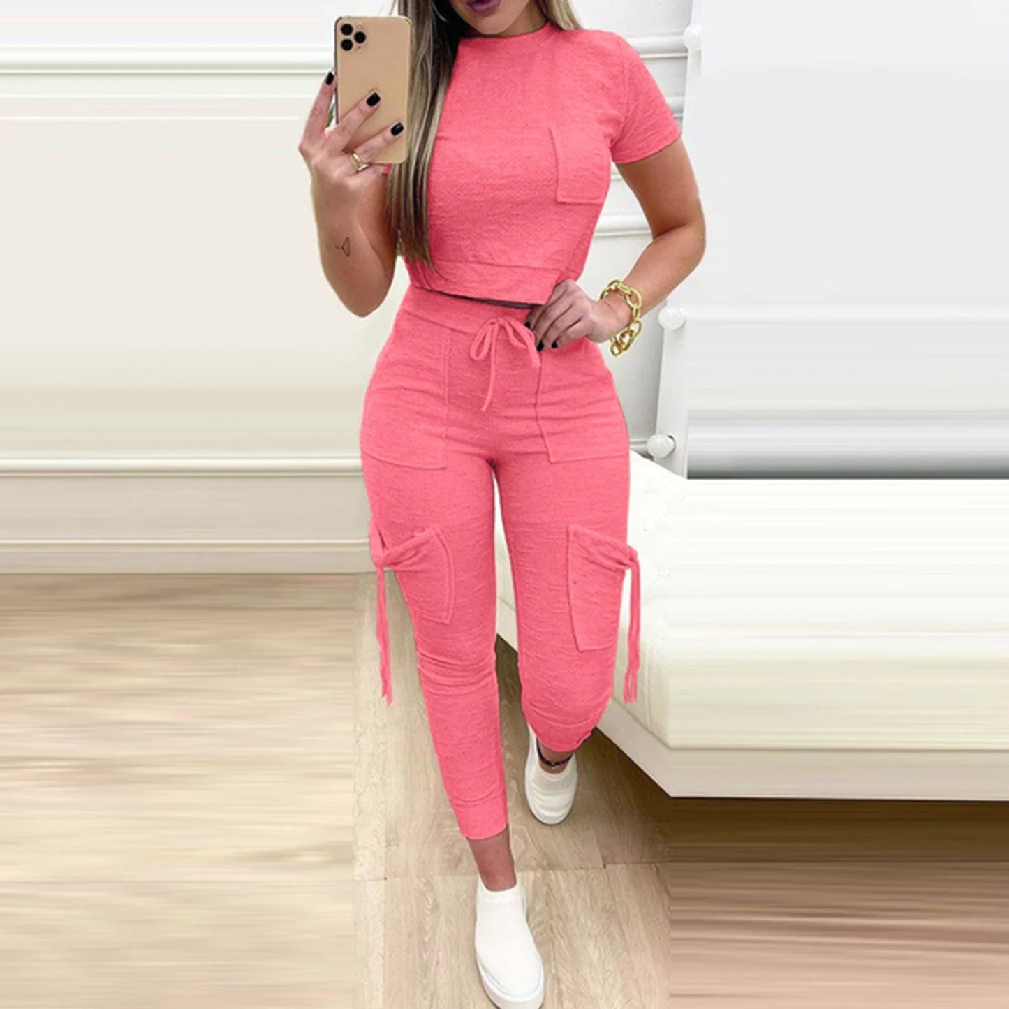 Tight Solid Color Two Piece Set Women Cropped T Shirt Slim Long Pants Leace-up Pocket Ladies Sets 2023 Spring Summer Sportswear