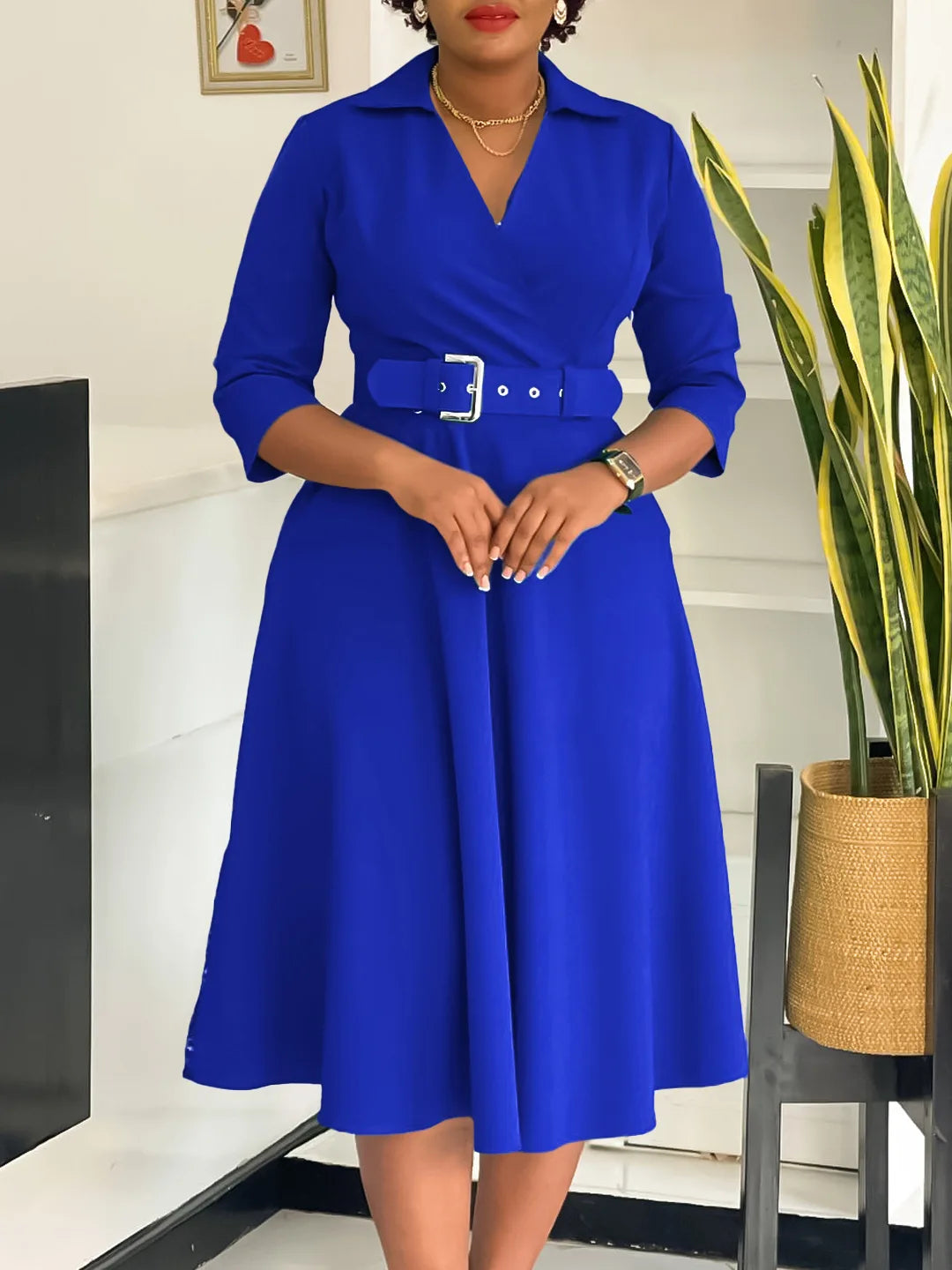 Large size women's 2025 autumn new lapel fashion temperament solid color swing skirt dress