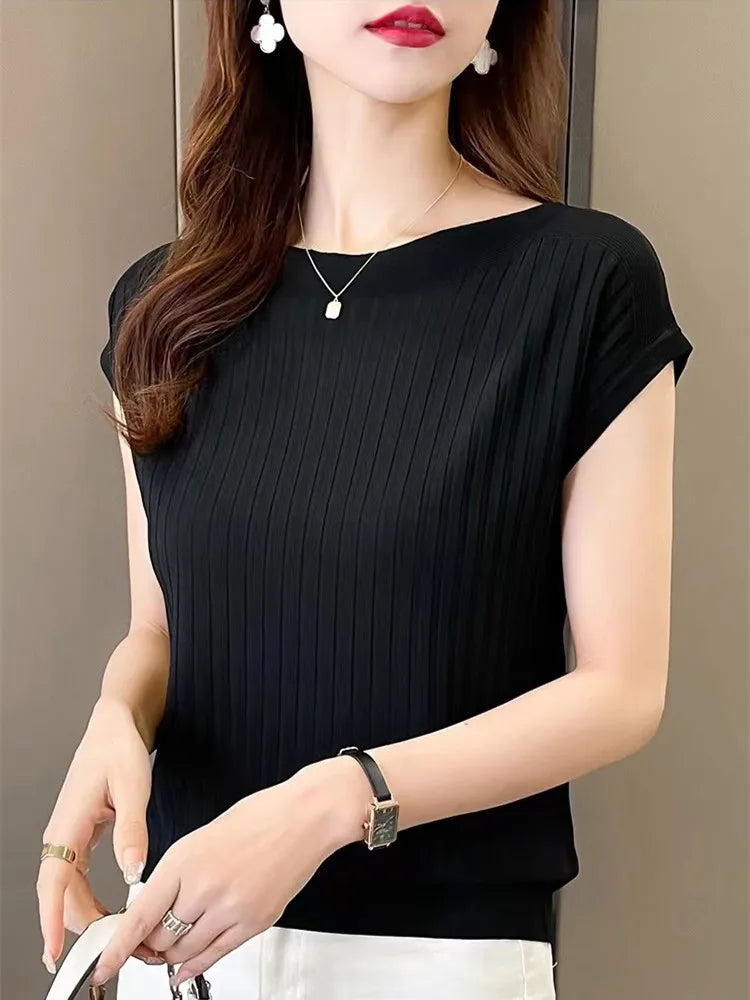 2025 New Spring Autumn Fashion Straight Neck  Knitted Sweater Short Sleeve Women Solid Color Simple Casual Tops Fema