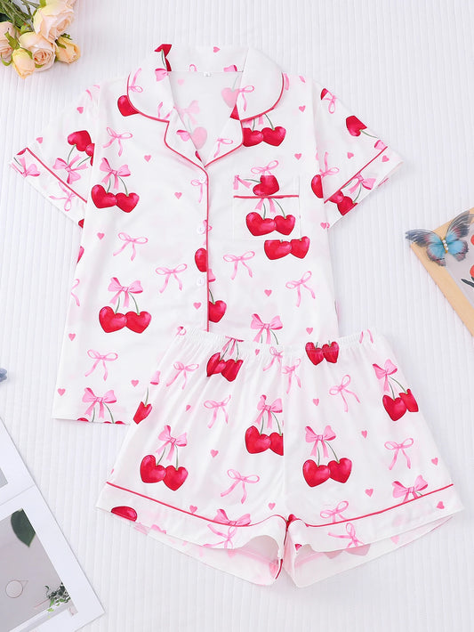 Women's 2-Piece Elegant Cherry Bow Print Pajama Set Short Sleeve Button Shirt Stretchy Shorts Party Sleepwear Loungewear
