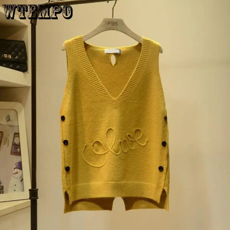WTEMPO Fashion V-Neck Button High Low Vest Sleeveless Sweater Women's Clothing Autumn All-match Pullovers Loose Korean Tops