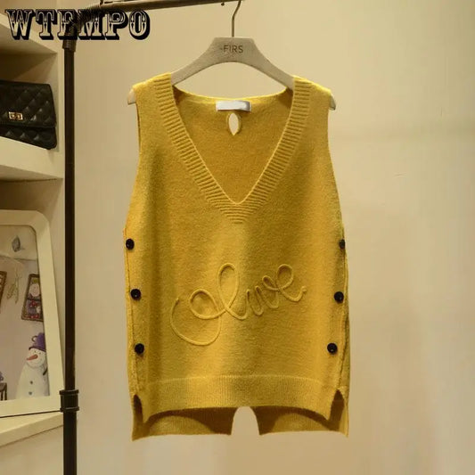 WTEMPO Fashion V-Neck Button High Low Vest Sleeveless Sweater Women's Clothing Autumn All-match Pullovers Loose Korean Tops