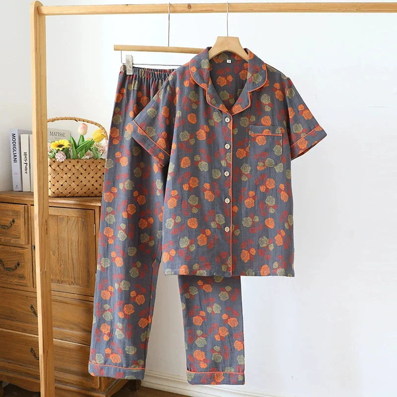 Summer Pijama Cotton Pajamas Set Middle Aged Mother Women 2 Piece Set Outfit Jacquard Home Wear Trousers Short Sleeve Sleepwear