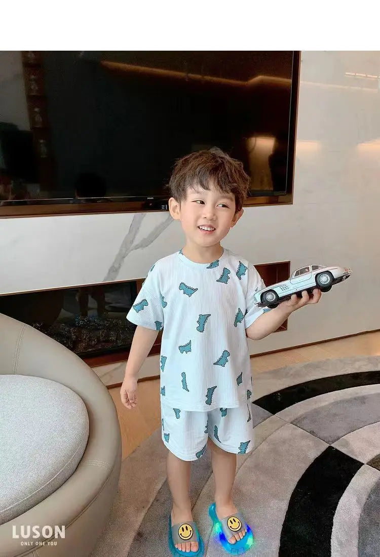 Summer Home Clothes Air-conditioned Clothes Boys and Girls Ice Silk Fabric Loose Short Sleeved Shorts Two-piece Set of Pajamas