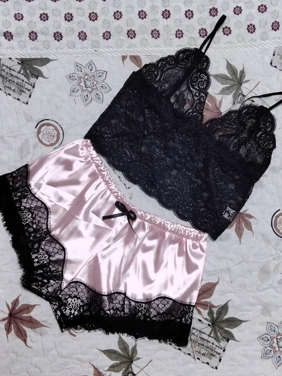 Pajama Sets Women Lace Silk Sleepwear Sexy Lingerie Crop Tops and Shorts Babydoll Nightwear Loungewear Pijamas