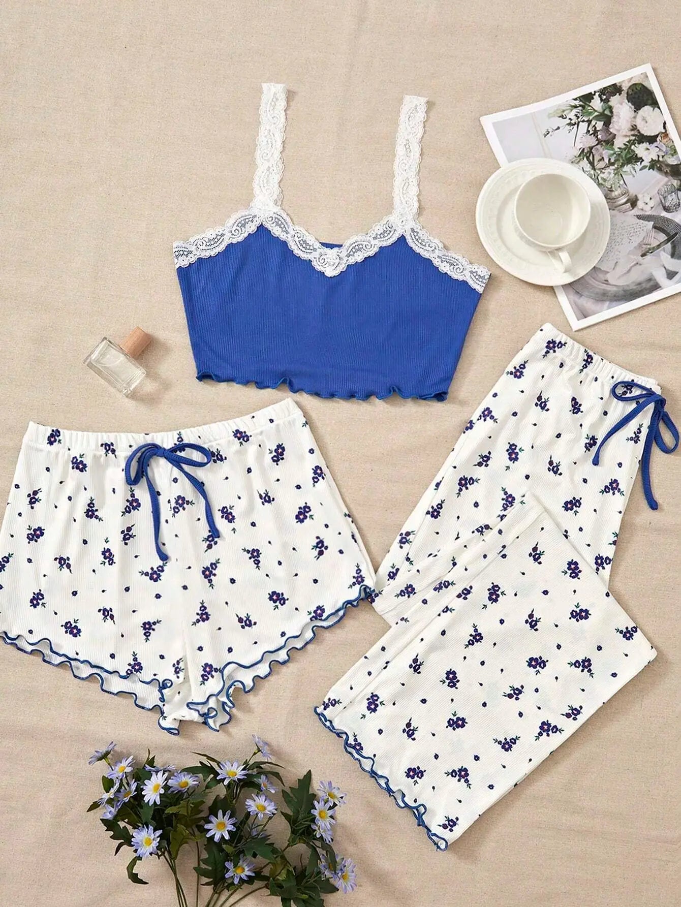 Pajama Sets Women Three Pieces Set Tank Tops Print Shorts Long Pant Suits Casual Sleep Lounge Sweet Lady Sleepwear Summer