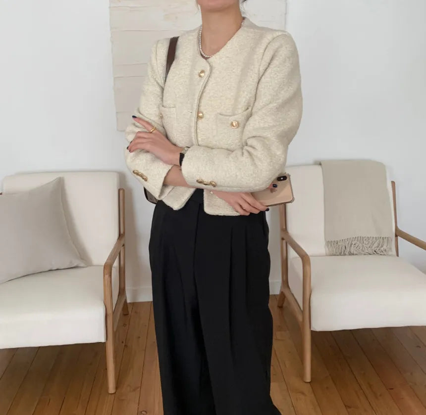 Women Autumn Winter 2025 French Vintage Coat Temperament High Quality Korean Casual Single Breasted Slim Tweed Jackets