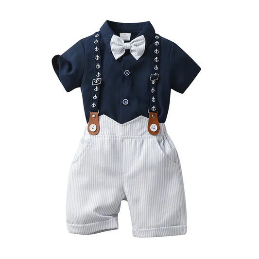 Infant Boy Clothes Set Short Sleeve Shirts With Bow+Striped Overalls Gentleman Party Birthday Suits For Toddler Boys