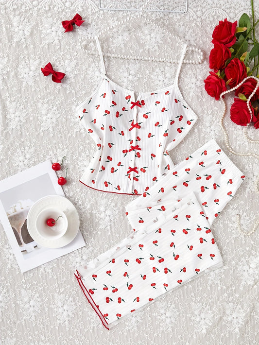 Women's Pajamas Set V-Neck Sleeveless Camisole Vest Cherry Printed Knitted Splicing Mesh Pants Sexy Home Pijama 2 Piece Woman