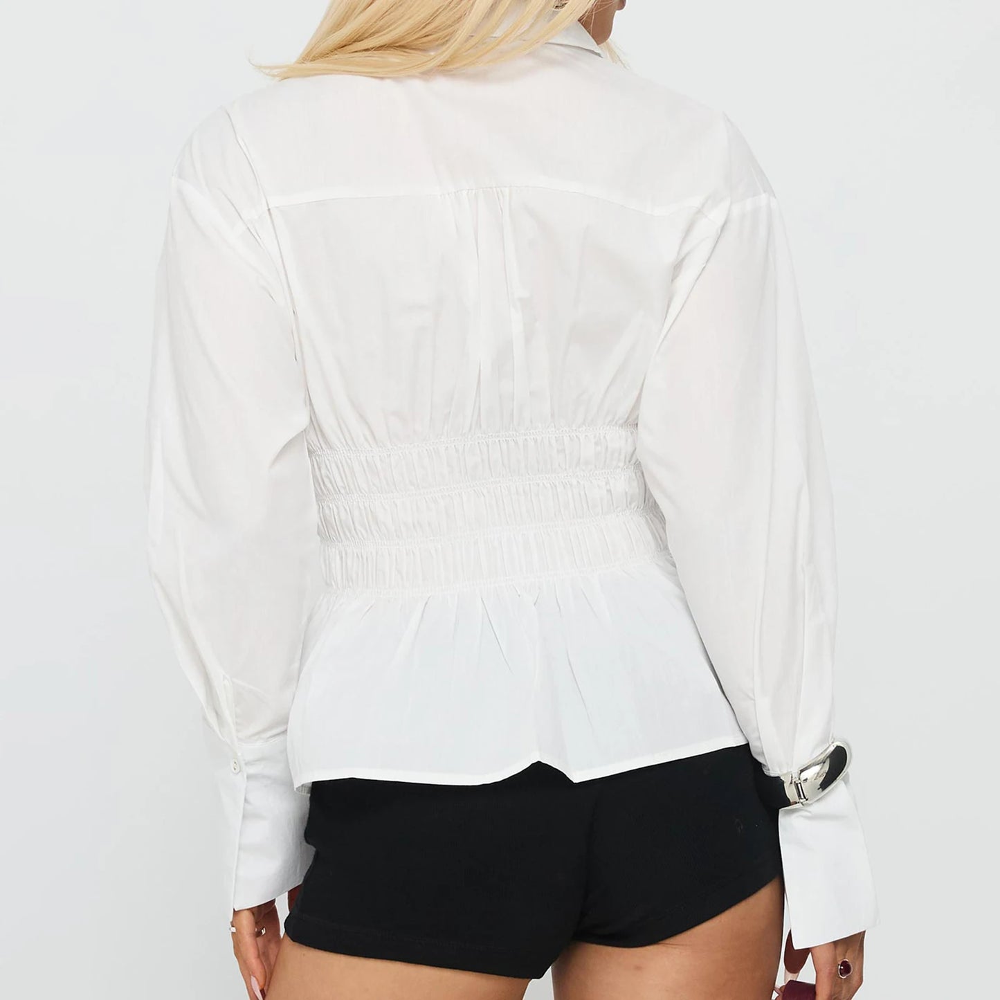 Women Chic Vintage Blouse Tops Ladies Fashion Classic Shirt Autumn Scrunched Button Up Long Sleeve Turn Down Collar T-shirt