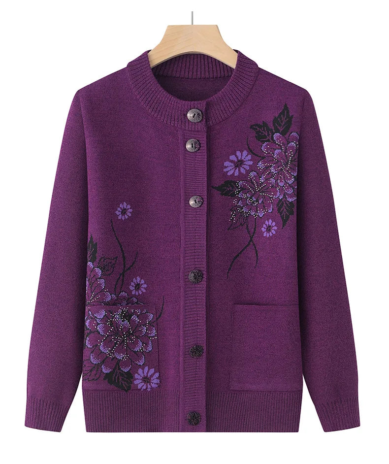 Korean Women's Clothes New Knit Woolen Printed Cardigan Coat Middle Aged Mother Knitwear Tops Vintage Grandma Sweater Jacket