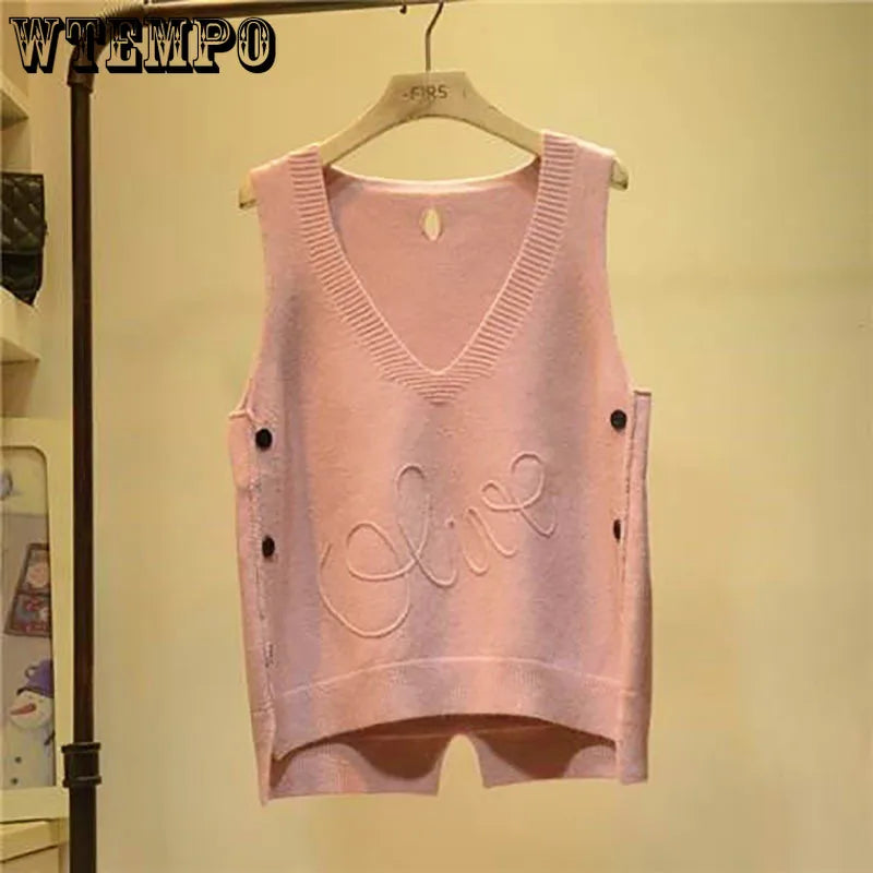 WTEMPO Fashion V-Neck Button High Low Vest Sleeveless Sweater Women's Clothing Autumn All-match Pullovers Loose Korean Tops