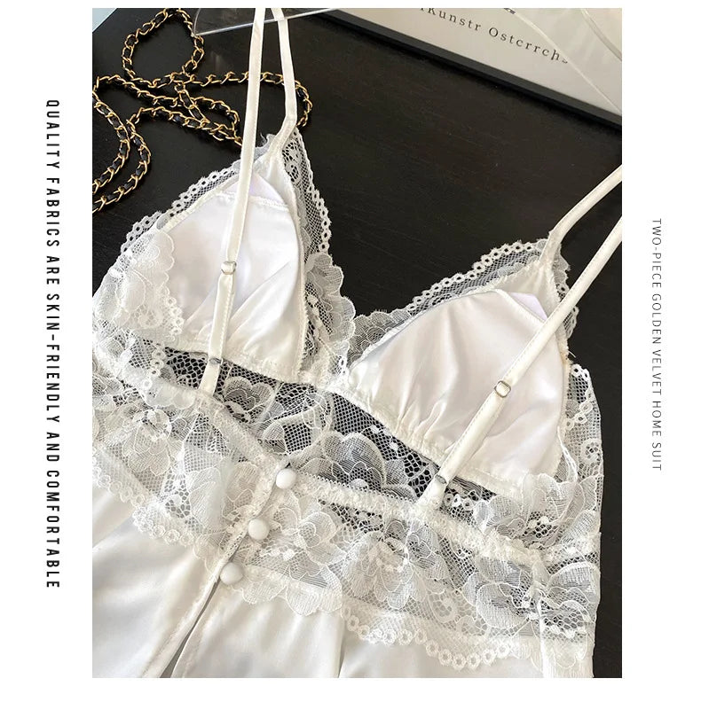 Female Suspender Pajamas Set Lounge Wear Sexy Hollow Out Lace Intimate Lingerie Sleepwear Summer New Strap Top&shorts Homewear