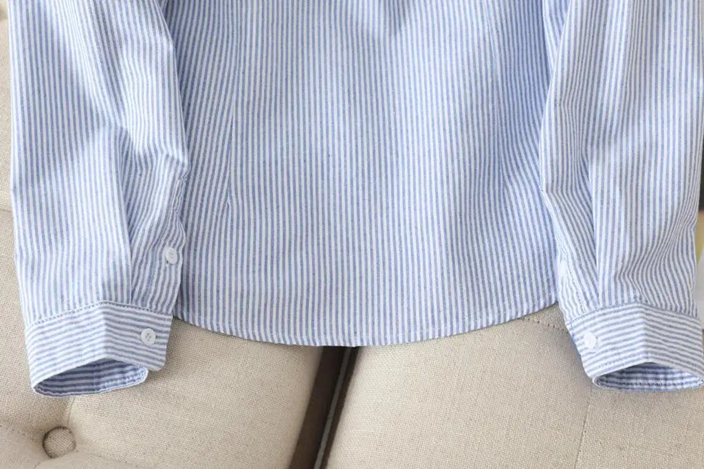 Casual Cotton Women's Oxford Shirt 2024 Autumn New Good Quality Woman Blouse and Tops Lady White Blue Striped Shirts Clothes