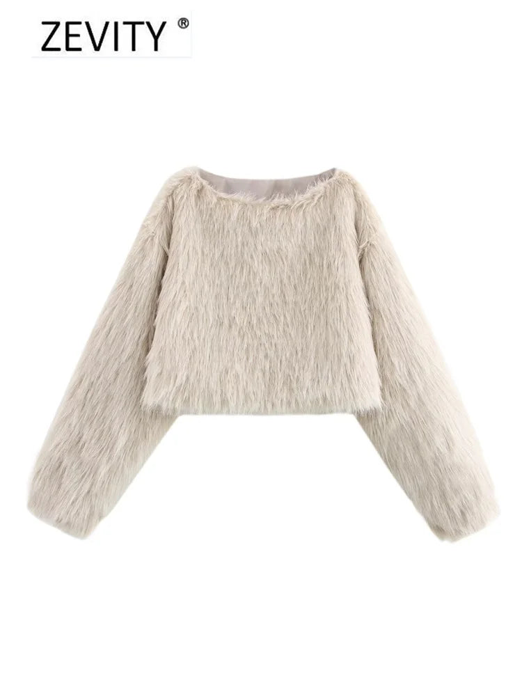 ZEVITY Women Fashion 4 Colors O Neck Long Sleeve Casual Fur Pullover Jacket Female Outerwear Chic Autumn Winter Coat Tops CT7356