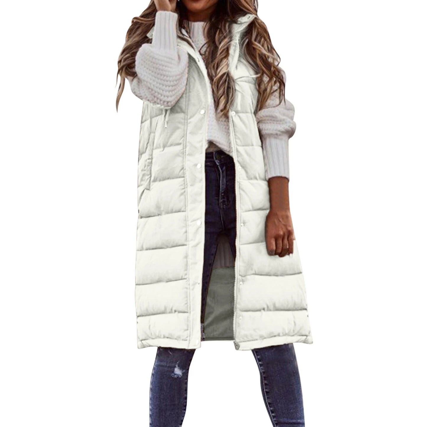 Women's Long Coat Vest With Hood Autumn Winter Sleeveless Warm Cotton Down Coat Waistcoat Quilted Vest Down Jacket Outwear 2XL