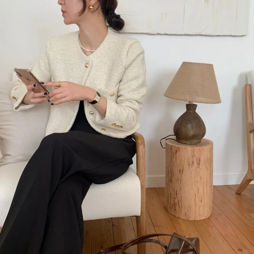 Women Autumn Winter 2025 French Vintage Coat Temperament High Quality Korean Casual Single Breasted Slim Tweed Jackets
