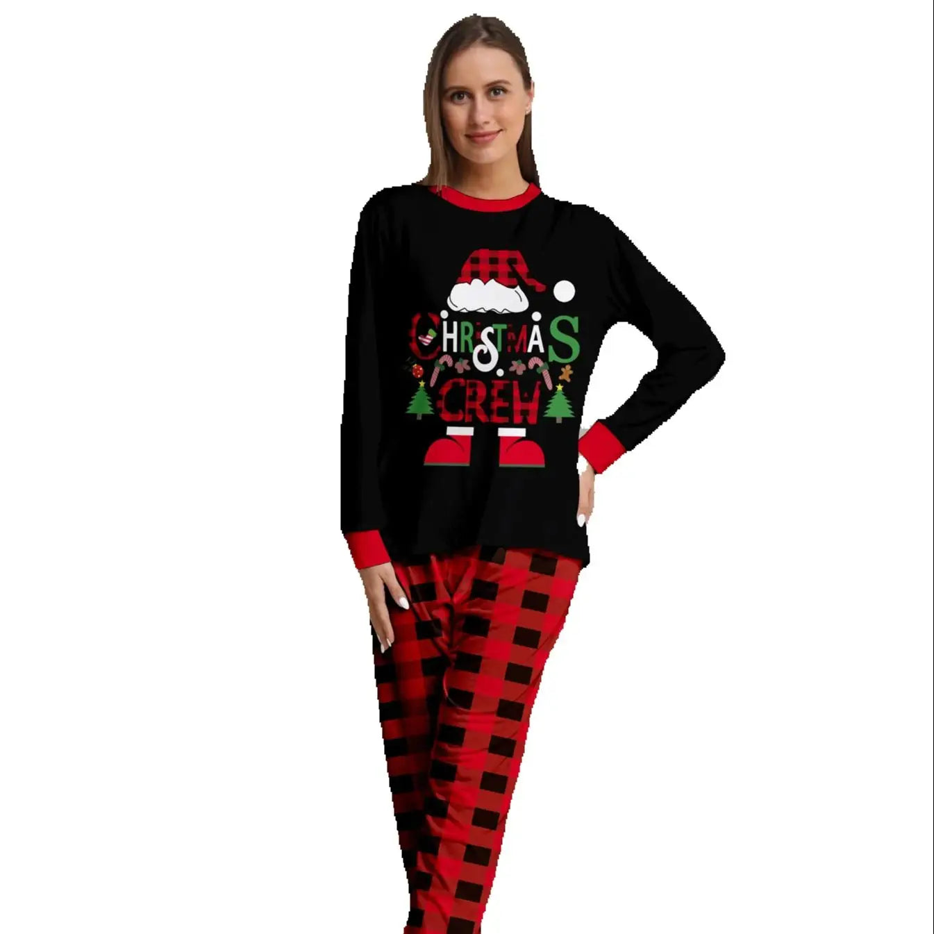 Women's Christmas Pajama Ensemble, Black Shirt with Christmas - Themed Graphics, Plaid Patterned Bottoms