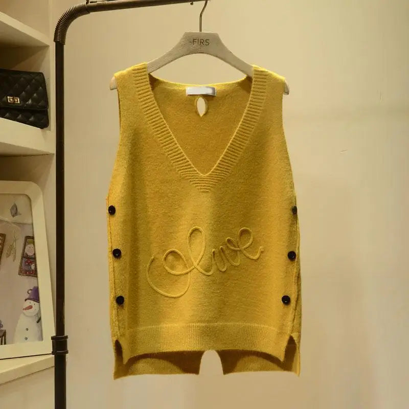 WTEMPO Fashion V-Neck Button High Low Vest Sleeveless Sweater Women's Clothing Autumn All-match Pullovers Loose Korean Tops