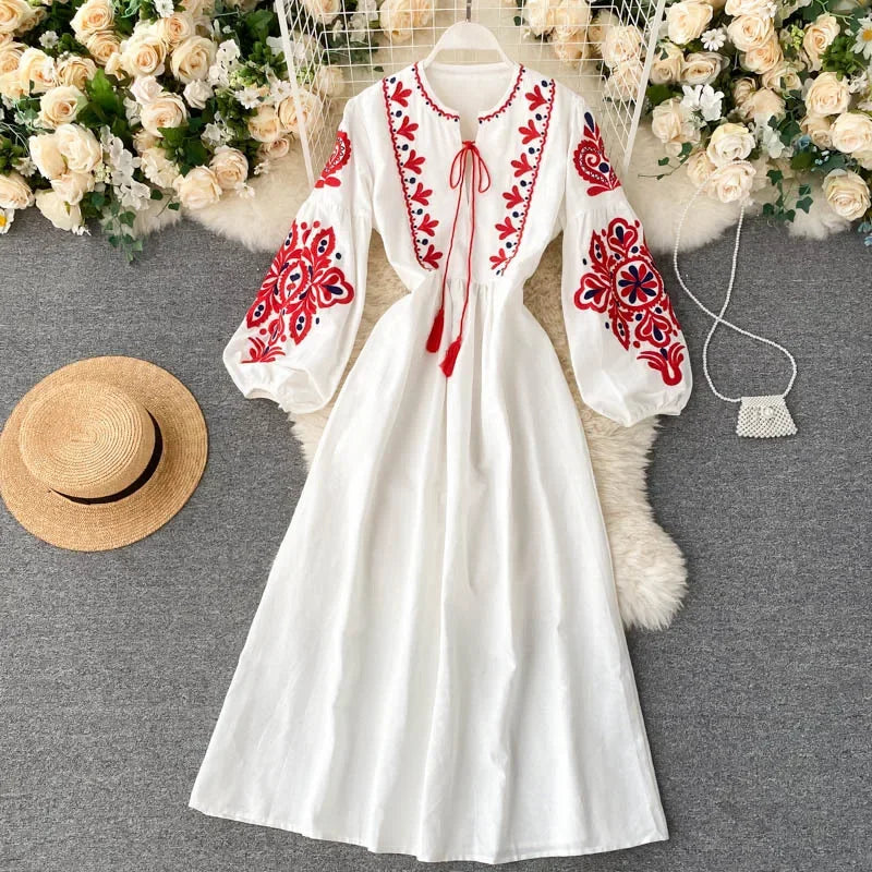 Bohemian Embroidered Dress for Women, Boho, Flower, O-Neck, Lantern Long Sleeve, High Waist, Cotton, White, Spring