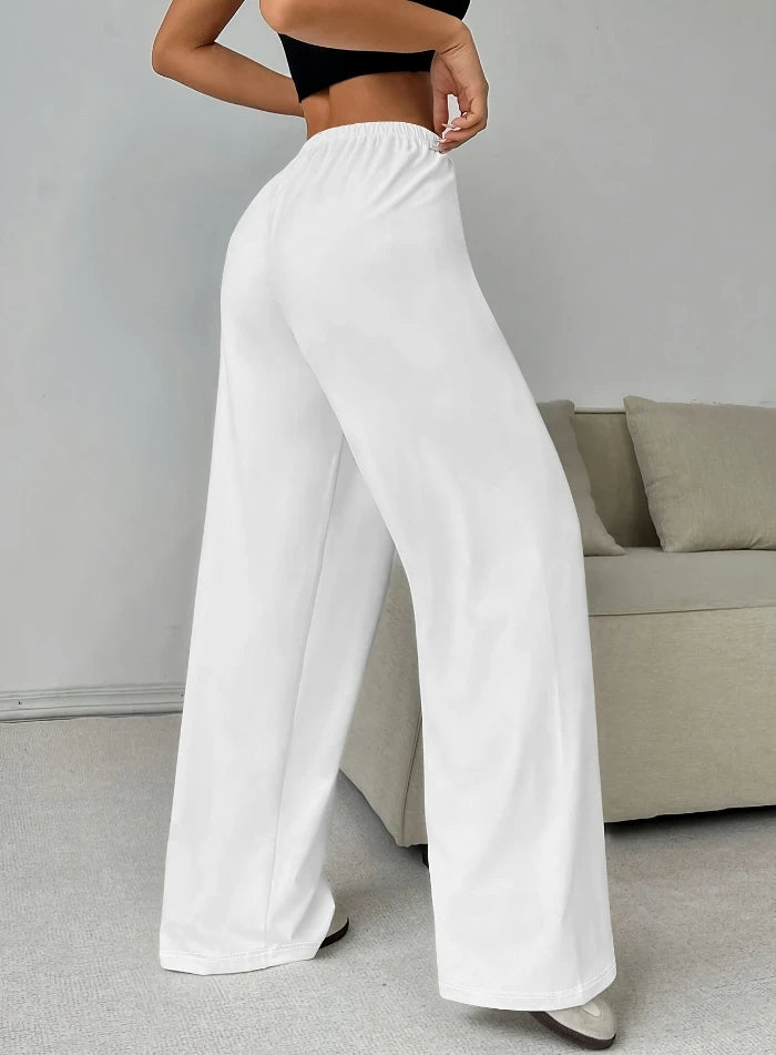 Women's Pants 2024 Spring Fashion Solid Color Low Waisted Casual Elastic Waisted Lace Up Wide Leg Daily Sports Pants
