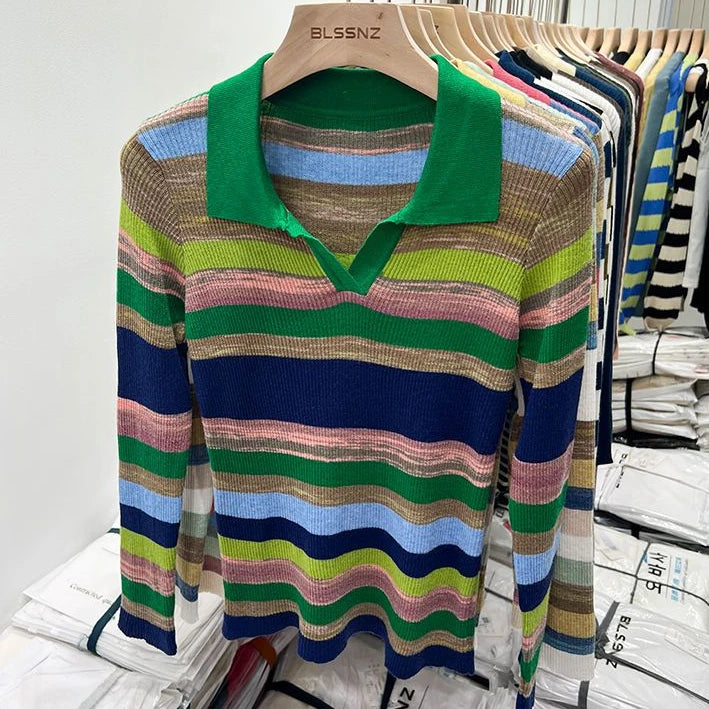 Polo Neck Shirts For Women Long Sleeve Tops Striped Clothing Knit Youth Offer Chic Elegant Summer 2024 T-shirt Woman Cotton New