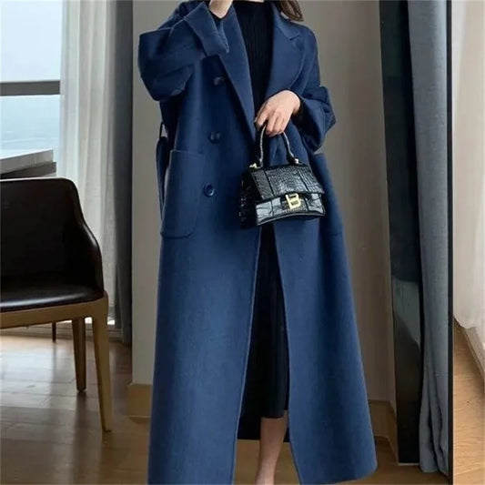 Women‘s Coat Winter Korean Fashion Long Coated Thickened Woolen Winter Coat for Women Black Coat Harajuku