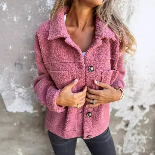 Lamb Wool Coat Women Autumn Winter Outerwear Warm Short Jacket Single Breasted Turn Down Collar Pockets Office Lady Overcoat