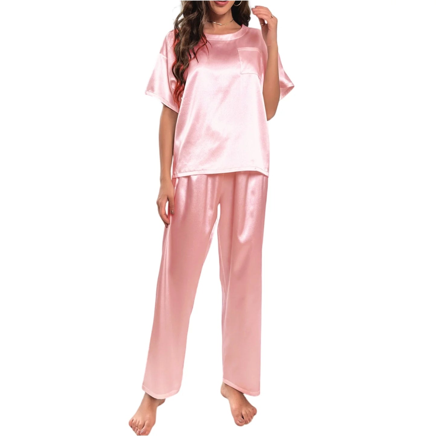 High Quality Casual Ice Silk Loose Pajamas Set Short Sleeved Long Pants Comfortable Pajama Set Daily Home Clothes Pajama Set