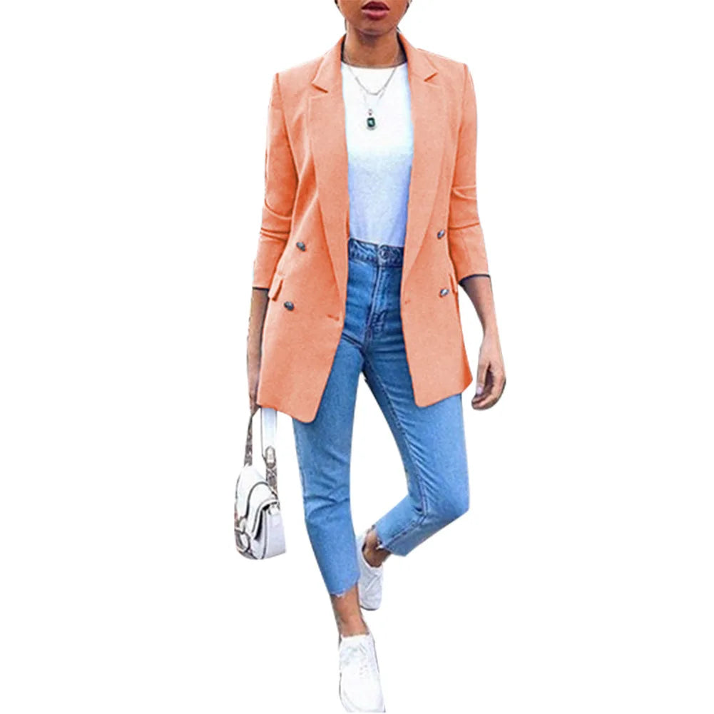 2023 Autumn/Winter New Women's Solid Button Women's Suit Fashion Pocket Polo Collar Cardigan Temperament Suit Coat Office Lady
