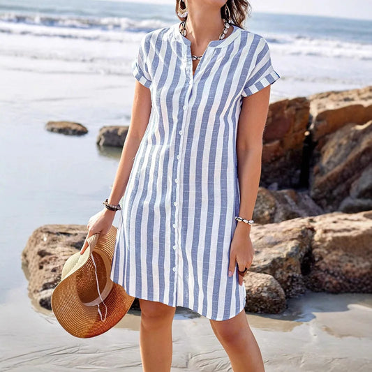 Women's Fashion Summer Shirt Dress Elegant Casual Striped Stand Collar Front Button Loose Short Sleeves Dresses